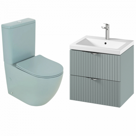 Seturi baie completa - Set vas wc stativ rimless verde turcoaz mat Foglia Oslo cu rezervor si capac soft close inclus plus dulap baie suspendat 2 sertare si lavoar inclus