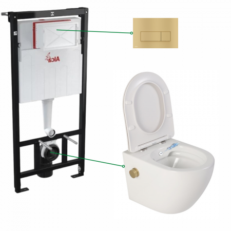 Seturi vas WC suspendat cu rezervor incastrat si clapeta - Set vas wc suspendat alb cu functie bideu si baterie auriu mat Foglia Oslo, rezervor incastrat si clapeta auriu mat, Alcadrain