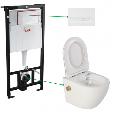 Vase WC - Set vas wc suspendat alb cu functie bideu si baterie auriu mat Foglia Oslo, rezervor incastrat si clapeta alb mat, Alcadrain