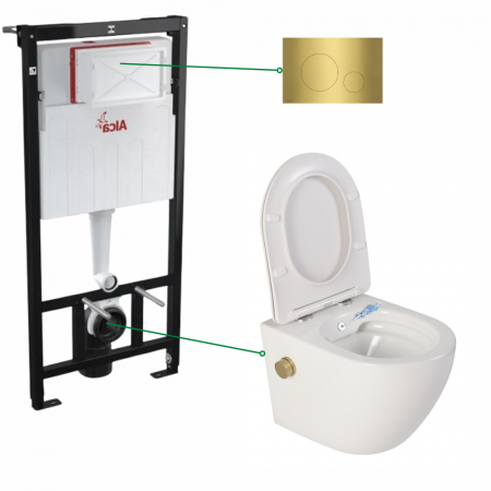 Seturi vas WC suspendat cu rezervor incastrat si clapeta - Set vas wc suspendat alb cu functie bideu si baterie auriu mat Foglia Oslo, rezervor incastrat si clapeta alama periat, Alcadrain