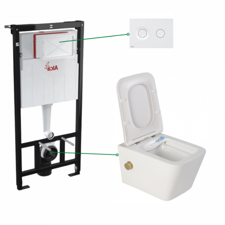 Vase WC - Set vas wc suspendat alb cu functie bideu si baterie auriu mat Foglia Safari, rezervor incastrat si clapeta alb mat, Alcadrain