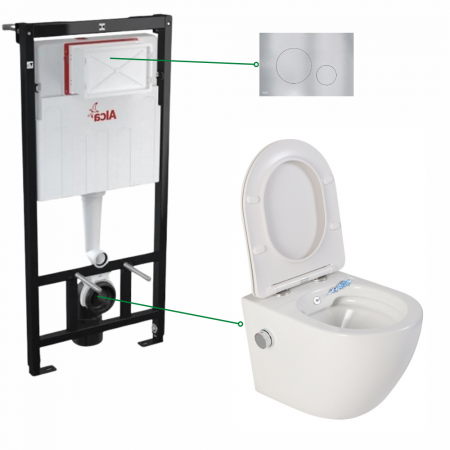 Vase WC - Set vas wc suspendat alb cu functie bideu si baterie crom mat Foglia Oslo, rezervor wc incastrat si clapeta aluminiu mat, Alcadrain