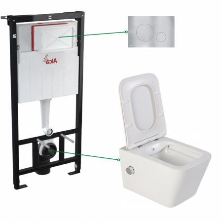 Seturi vas WC suspendat cu rezervor incastrat si clapeta - Set vas wc suspendat alb cu functie bideu si baterie crom mat Foglia Safari, rezervor wc incastrat si clapeta aluminiu mat , Alcadrain
