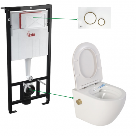 Vase WC - Set vas wc alb cu functie bideu si baterie auriu mat Foglia Oslo, rezervor incastrat si clapeta alba cu detalii aurii, Alcadrain