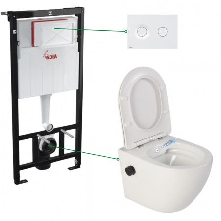 Vase WC - Set vas wc suspendat alb cu functie bideu si baterie negru mat Foglia Oslo, rezervor incastrat si clapeta alb mat, Alcadrain