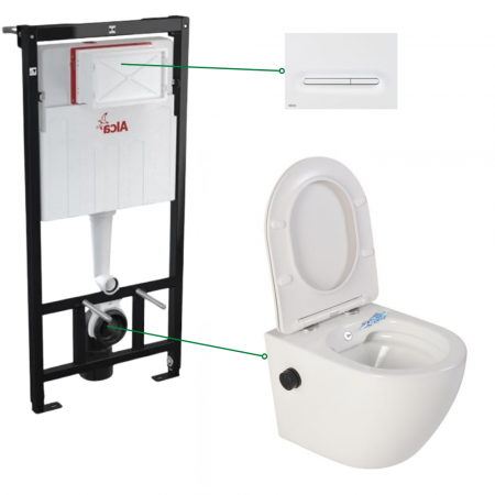 Vase WC - Set vas wc suspendat alb cu functie bideu si baterie negru mat Foglia Oslo, rezervor incastrat si clapeta alb mat, Alcadrain