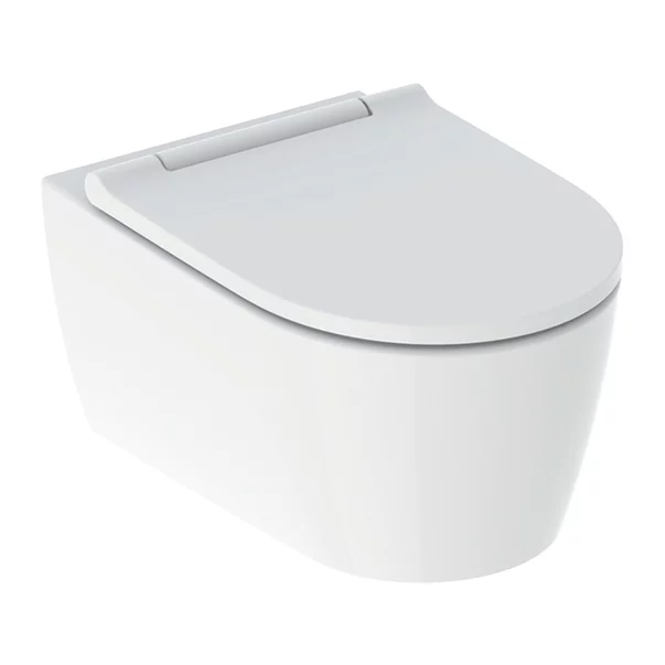Vase WC - Set vas WC suspendat alb mat cu capac soft close cu ornament crom, Geberit One TurboFlush