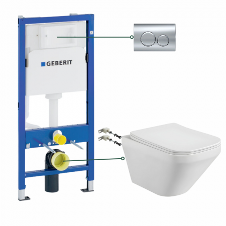 Seturi vas WC suspendat cu rezervor incastrat si clapeta - Set vas wc suspendat Bristo Foglia, clapeta crom, rezervor wc incastrat Geberit Duofix Delta