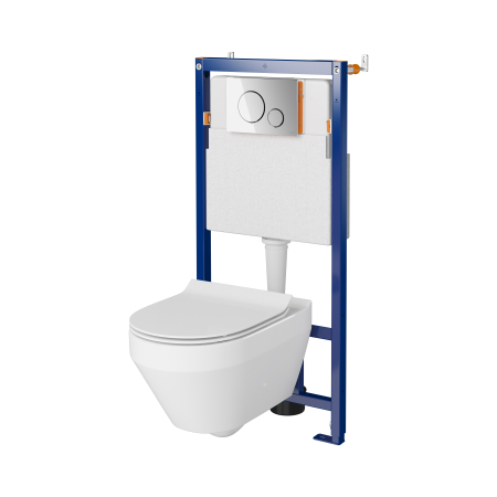 Black Friday - Set vas wc suspendat City Clean On, alb, cu capac soft close, rezervor incastrat si clapeta crom lucios, Cersanit Opti