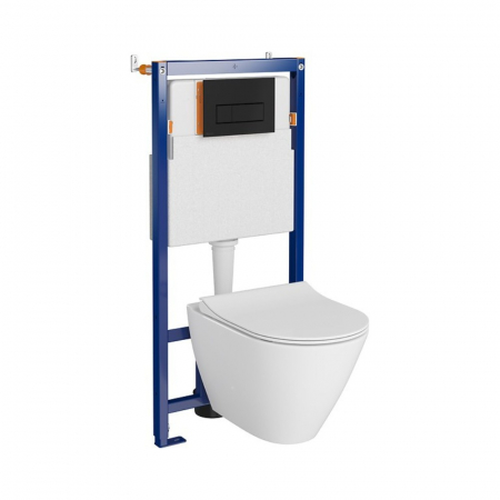 Seturi vas WC suspendat cu rezervor incastrat si clapeta - Set vas wc suspendat City Oval CleanOn cu capac soft close, rezervor incastrat si clapeta negru mat