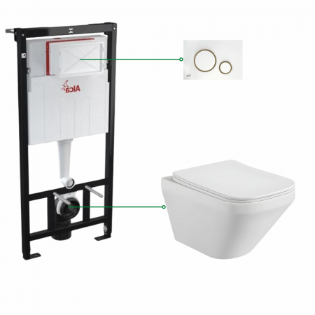 Seturi vas WC suspendat cu rezervor incastrat si clapeta - Set vas wc suspendat cu capac soft close Bristol, clapeta alb cu auriu, rezervor wc incastrat Alcaplast, Sadromodul