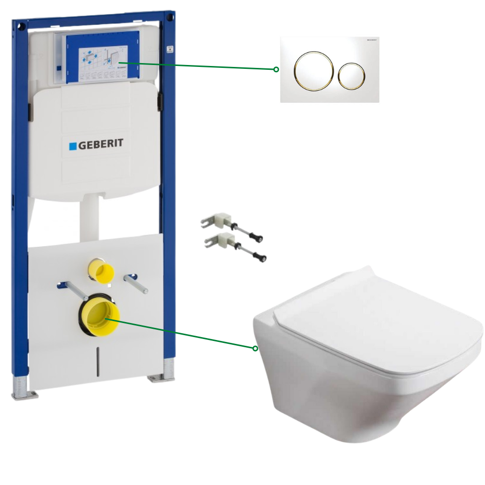 Vase WC - Set vas wc suspendat, clapeta alb si auriu, rezervor wc incastrat,set fixare,antifonare