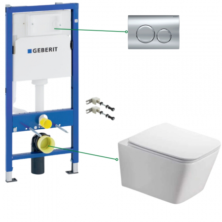 Seturi vas WC suspendat cu rezervor incastrat si clapeta - Set vas wc suspendat dreptunghiular rimless cu capac soft close, clapeta crom Duofix, rezervor wc incastrat Geberit