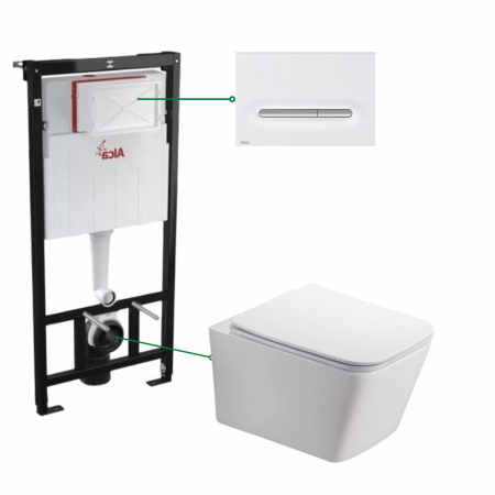 Seturi vas WC suspendat cu rezervor incastrat si clapeta - Set vas wc suspendat cu capac Fluminia Paris, rezervor si clapeta alb mat/crom lucios Alcaplast M1876-1
