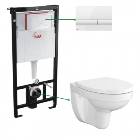 Seturi vas WC suspendat cu rezervor incastrat si clapeta - Set vas wc suspendat cu capac soft close Cersanit, rezervor incastrat si clapeta alba Alcadrain