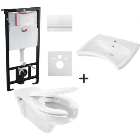 Vase toaleta persoane cu dizabilitati - Set vas wc suspendat cu capac soft close, lavoar baie pentru persoane cu dizabilitati si rezervor wc cu clapeta alba
