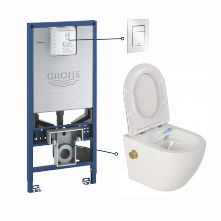 Seturi vas WC suspendat cu rezervor incastrat si clapeta - Set vas wc suspendat cu functie bideu alb si baterie inclusa auriu mat Foglia Oslo, rezervor wc incastrat si clapeta alb alpin, Grohe