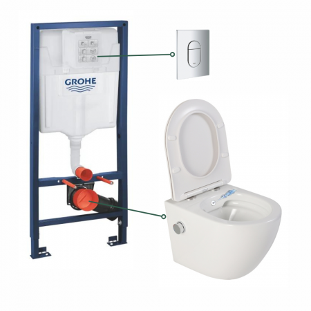 Set vas wc suspendat cu functie bideu alb si baterie inclusa crom Foglia Oslo, rezervor wc incastrat si clapeta crom lucios, Grohe [0]