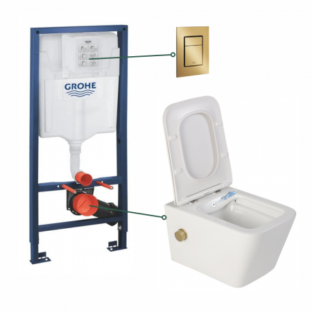 Provocarea mintii - ghicitori cu reduceri - Set vas wc suspendat cu functie bideu alb si baterie inclusa auriu mat Foglia Safari, rezervor wc incastrat si clapeta auriu periat, Grohe