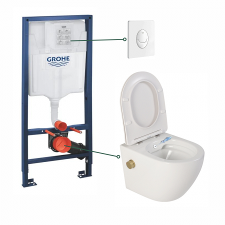 Seturi vas WC suspendat cu rezervor incastrat si clapeta - Set vas wc suspendat cu functie bideu alb si baterie inclusa auriu mat Foglia Oslo, rezervor wc incastrat si clapeta alb lucios, Grohe