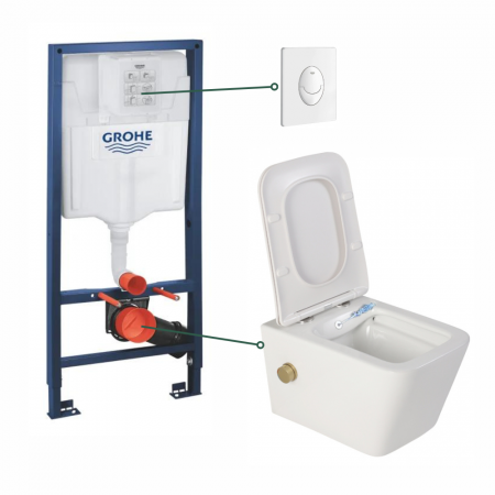 Set vas wc suspendat cu functie bideu alb si baterie inclusa auriu mat Foglia Safari, rezervor wc incastrat si clapeta alb lucios, Grohe [0]