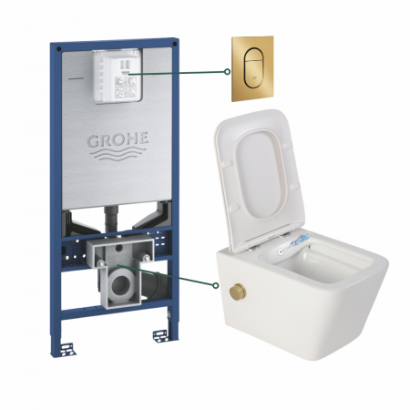 Seturi vas WC suspendat cu rezervor incastrat si clapeta - Set vas wc suspendat cu functie bideu alb si baterie inclusa auriu mat Foglia Safari, rezervor wc incastrat si clapeta auriu periat, Grohe