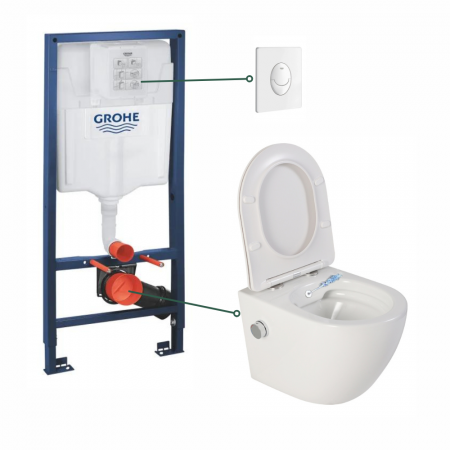 Vase WC - Set vas wc suspendat cu functie bideu alb si baterie inclusa crom Foglia Oslo, rezervor wc incastrat si clapeta alb lucios, Grohe