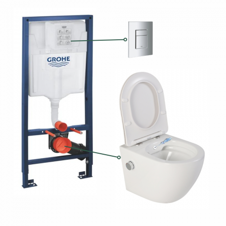Seturi vas WC suspendat cu rezervor incastrat si clapeta - Set vas wc suspendat cu functie bideu alb si baterie inclusa crom Foglia Oslo, rezervor wc incastrat si clapeta crom, Grohe