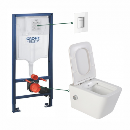 Seturi vas WC suspendat cu rezervor incastrat si clapeta - Set vas wc suspendat cu functie bideu alb si baterie inclusa crom Foglia Safari, rezervor wc incastrat si clapeta din sticla alba, Grohe