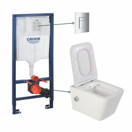 Seturi vas WC suspendat cu rezervor incastrat si clapeta - Set vas wc suspendat cu functie bideu alb si baterie inclusa crom Foglia Safari, rezervor wc incastrat si clapeta crom, Grohe