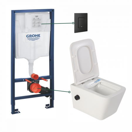 Seturi vas WC suspendat cu rezervor incastrat si clapeta - Set vas wc suspendat cu functie bideu alb si baterie inclusa negru mat Foglia Safari, rezervor Grohe Solido 3 in 1 cu clapeta neagru mat Even