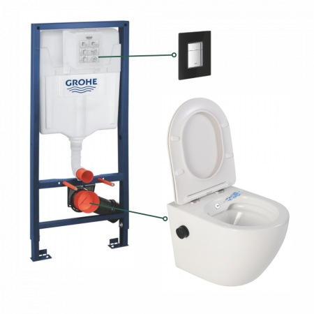 Seturi vas WC suspendat cu rezervor incastrat si clapeta - Set vas wc suspendat cu functie bideu alb si baterie inclusa negru mat Foglia Oslo, rezervor wc si clapeta neagra din sticla, Grohe