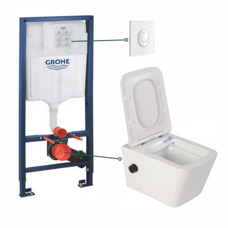 Seturi vas WC suspendat cu rezervor incastrat si clapeta - Set vas wc suspendat cu functie bideu alb si baterie inclusa negru mat Foglia Safari, rezervor wc incastrat si clapeta alb lucios, Grohe