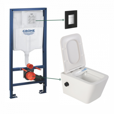 Seturi vas WC suspendat cu rezervor incastrat si clapeta - Set vas wc suspendat cu functie bideu alb si baterie inclusa negru mat Foglia Safari, rezervor wc si clapeta neagra din sticla, Grohe