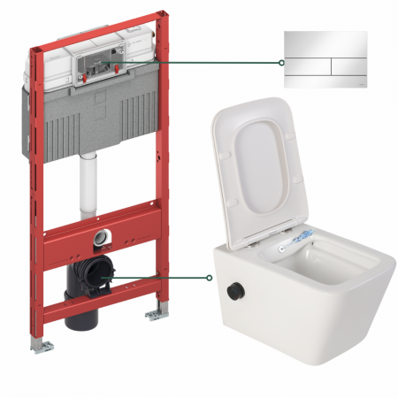 Seturi vas WC suspendat cu rezervor incastrat si clapeta - Set vas wc suspendat cu functie bideu, baterie negru mat si capac softclose incluse, Foglia Safari, rezervor incastrat TECEprofil si clapeta actionare alb lucios, TECE Square