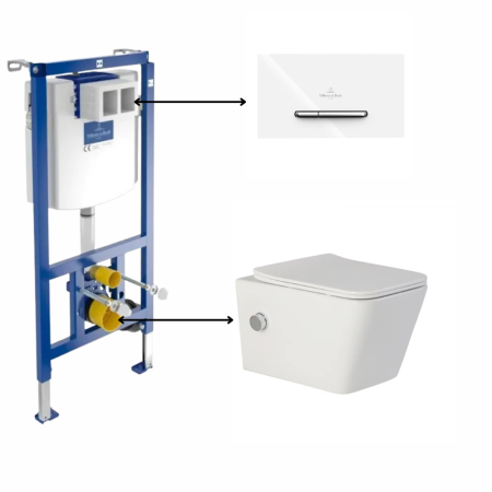 Seturi vas WC suspendat cu rezervor incastrat si clapeta - Set vas wc suspendat cu functie bideu, dreptunghiular, baterie crom Foglia Safari cu rezervor incastrat si clapeta de actionare dual-flush, alba cu 2 butoane cromate ViConnect, Villeroy & Boch