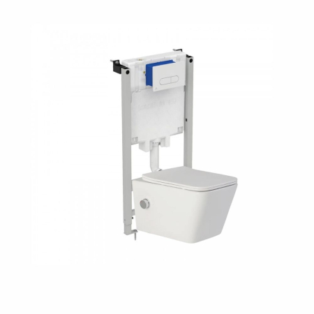 Seturi vas WC suspendat cu rezervor incastrat si clapeta - Set vas wc suspendat cu functie bideu, dreptunghiular, rimless, baterie crom Foglia Safari si rezervor incastrat Prosys cu set de fixare inclus si clapeta Oleas M1 alb lucios, Ideal Standard