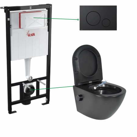 Vase WC - Set vas wc suspendat cu functie bideu si baterie inclusa Foglia Oslo, rezervor incastrat si clapeta negru mat, Alcadrain