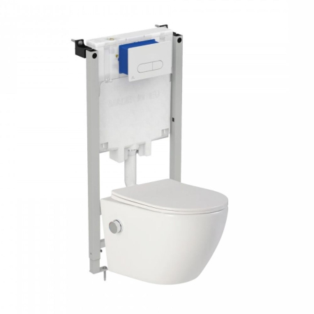 Seturi vas WC suspendat cu rezervor incastrat si clapeta - Set vas wc suspendat cu functie bideu, semirotund, rimless, baterie crom Foglia Oslo si rezervor incastrat Prosys cu set de fixare inclus si clapeta Oleas M1 alb lucios, Ideal Standard