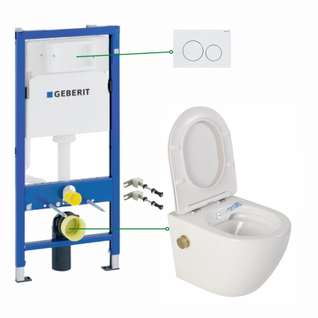 Seturi vas WC suspendat cu rezervor incastrat si clapeta - Set vas wc suspendat cu functie bideu si baterie auriu mat Foglia Oslo, rezervor incastrat si clapeta alb lucios, Geberit Delta