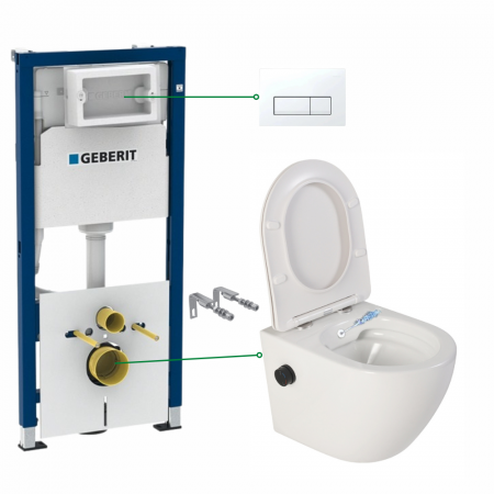 Seturi vas WC suspendat cu rezervor incastrat si clapeta - Set vas wc suspendat cu functie bideu si baterie negru mat Foglia Oslo, rezervor wc incastrat si clapeta alb alpin, Geberit Delta 51