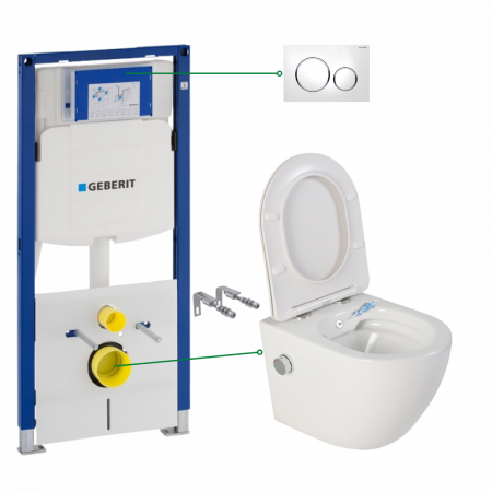 Seturi vas WC suspendat cu rezervor incastrat si clapeta - Set vas wc suspendat cu functie bideu si baterie crom inclusa Foglia Oslo, rezervor wc incastrat si clapeta alb lucios, Geberit Sigma