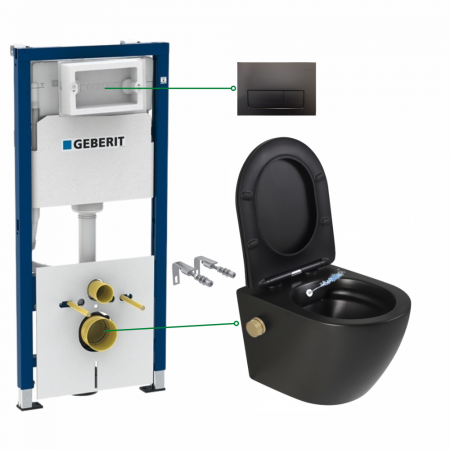 Seturi vas WC suspendat cu rezervor incastrat si clapeta - Set vas wc suspendat cu functie bideu si baterie auriu mat inclusa Foglia Oslo, rezervor wc incastrat si clapeta negru lucios Geberit Duofix