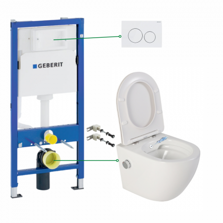 Seturi vas WC suspendat cu rezervor incastrat si clapeta - Set vas wc suspendat cu functie bideu si baterie crom Foglia Oslo, rezervor incastrat si clapeta alb lucios, Geberit Delta