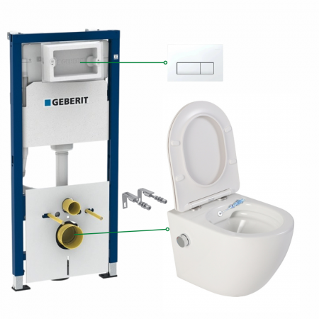 Seturi vas WC suspendat cu rezervor incastrat si clapeta - Set vas wc suspendat cu functie bideu si baterie crom Foglia Oslo, rezervor wc incastrat si clapeta alb alpin, Geberit Delta 51