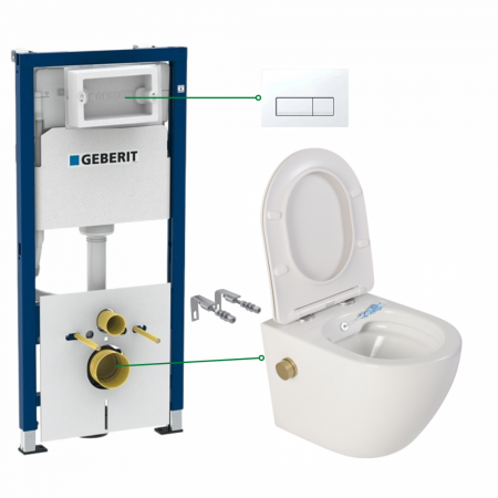 Seturi vas WC suspendat cu rezervor incastrat si clapeta - Set vas wc suspendat cu functie bideu si baterie auriu mat Foglia Oslo, rezervor wc incastrat si clapeta alb alpin, Geberit Delta 51