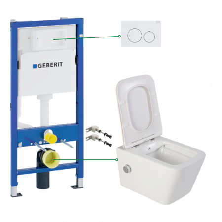 Seturi vas WC suspendat cu rezervor incastrat si clapeta - Set vas wc suspendat cu functie bideu si baterie crom Foglia Safari, rezervor incastrat si clapeta alb lucios, Geberit Delta