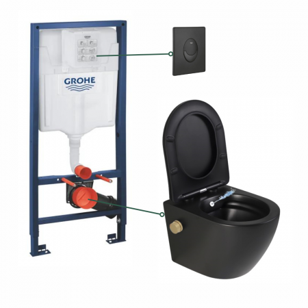 Provocarea mintii - ghicitori cu reduceri - Set vas wc suspendat cu functie bideu si baterie inclusa auriu mat Foglia Oslo, rezervor wc incastrat si clapeta negru mat, Grohe