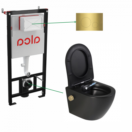 Seturi vas WC suspendat cu rezervor incastrat si clapeta - Set vas wc suspendat cu functie bideu si baterie inclusa auriu mat Foglia Oslo, rezervor incastrat si clapeta alama periata, Alcadrain