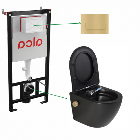 Seturi vas WC suspendat cu rezervor incastrat si clapeta - Set vas wc suspendat negru mat cu functie bideu si baterie inclusa auriu mat Foglia Oslo, rezervor incastrat si clapeta auriu mat, Alcadrain